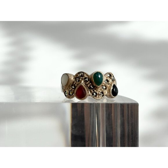 Multi Gemstone SW Style Wavy 925 Sterling Silver Vintage Ring - sz 7.5 - Picture 11 of 14